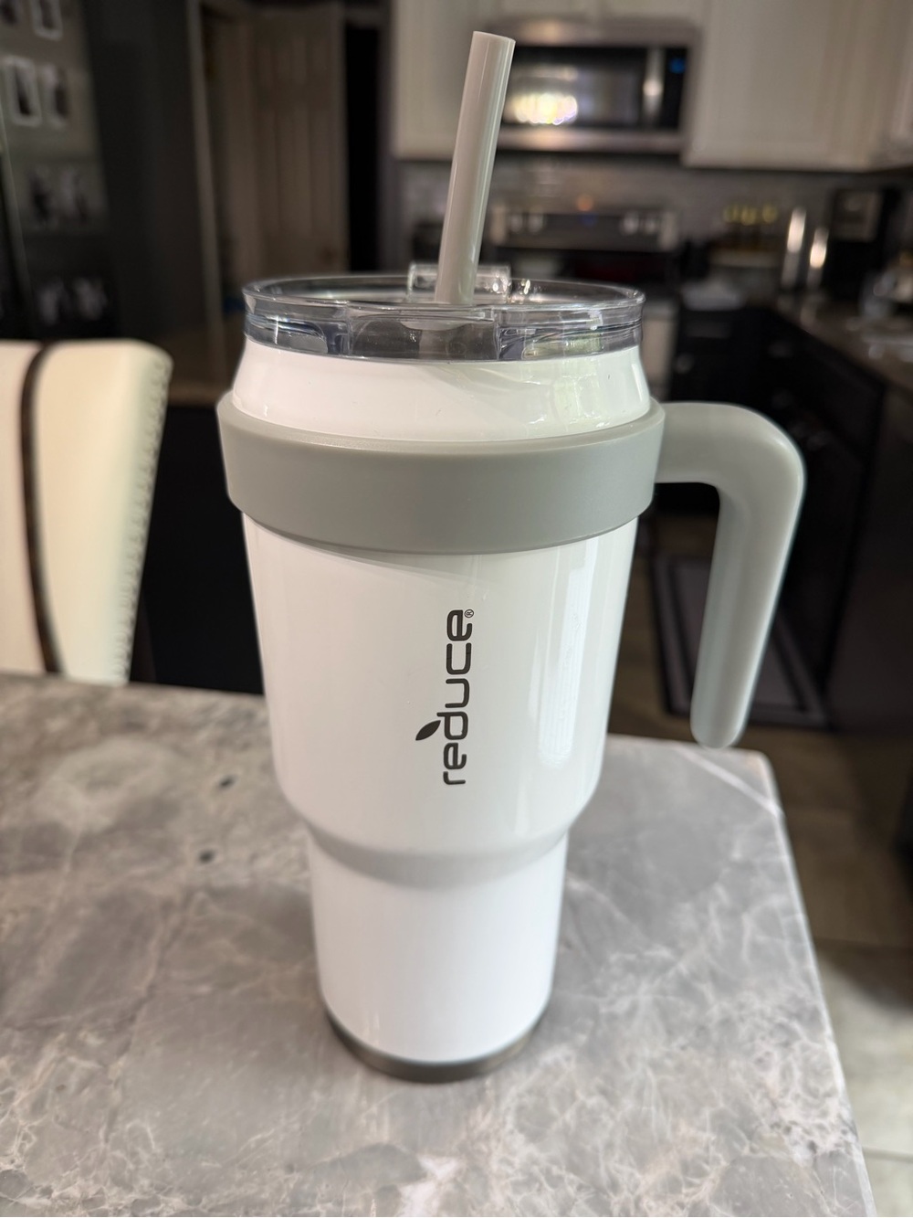 Reduce White & Gray Insulated Travel Tumbler with Handle 40 oz Stainless Steel